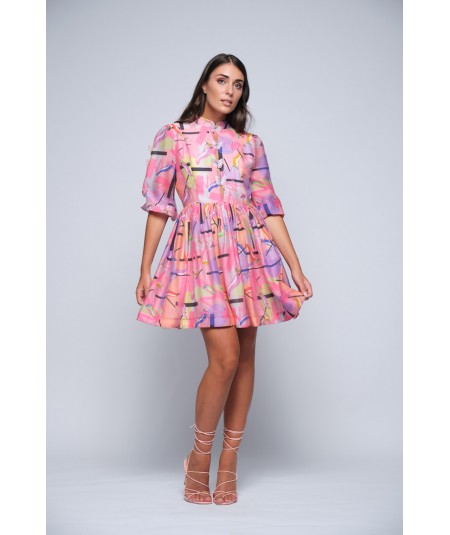 Printed linen blend short dress