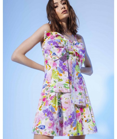 Printed short dress with bow