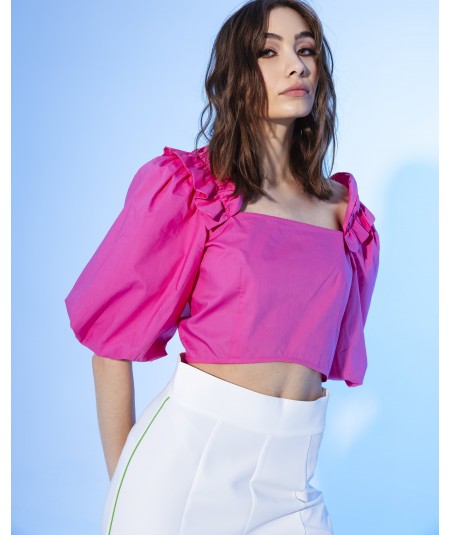 Top con rouche su spalle in cotone