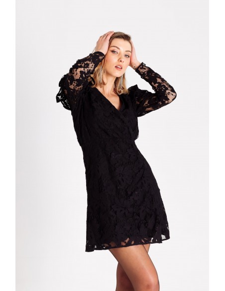 Short lace dress with crossover neckline