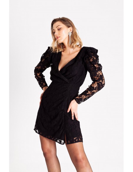 Short lace dress with crossover neckline
