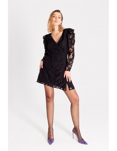 Short lace dress with crossover neckline