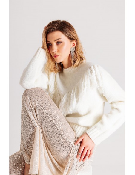 Crew-neck sweater with wool fringes