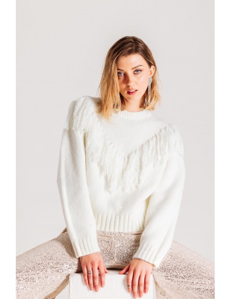 Crew-neck sweater with wool fringes